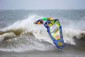 Professional windsurfer Robby Swift wave riding, day 4 at the KIA Cold Hawaii PWA World Cup 2015 photo copyright Cold Hawaii World Cup taken at  and featuring the  class