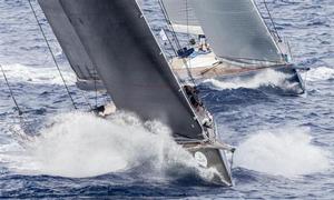 Open Season (GBR) leading Magic Carpet Cubed (GBR) in the Wally class - 2015 Maxi Yacht Rolex Cup photo copyright  Rolex / Carlo Borlenghi http://www.carloborlenghi.net taken at  and featuring the  class