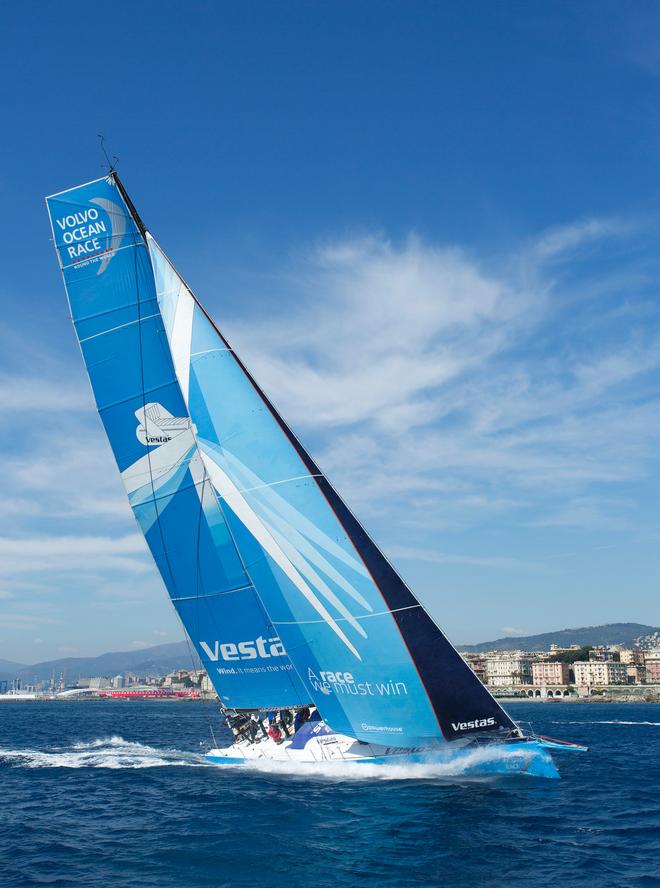 Enough breeze to be interesting, not enough to scare the guests... Team Vestas Wind at the Genoa Boat Show 2015 © Guy Nowell