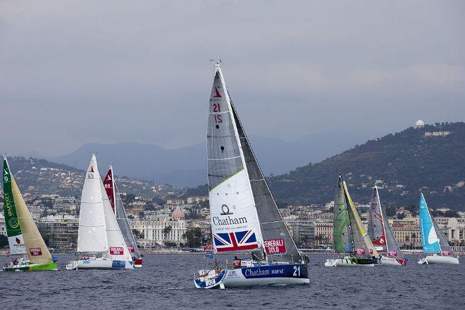 There were grey skies and light airs for the start of Leg 2 in Nice on Sunday 27th September. © Alexis Courcoux