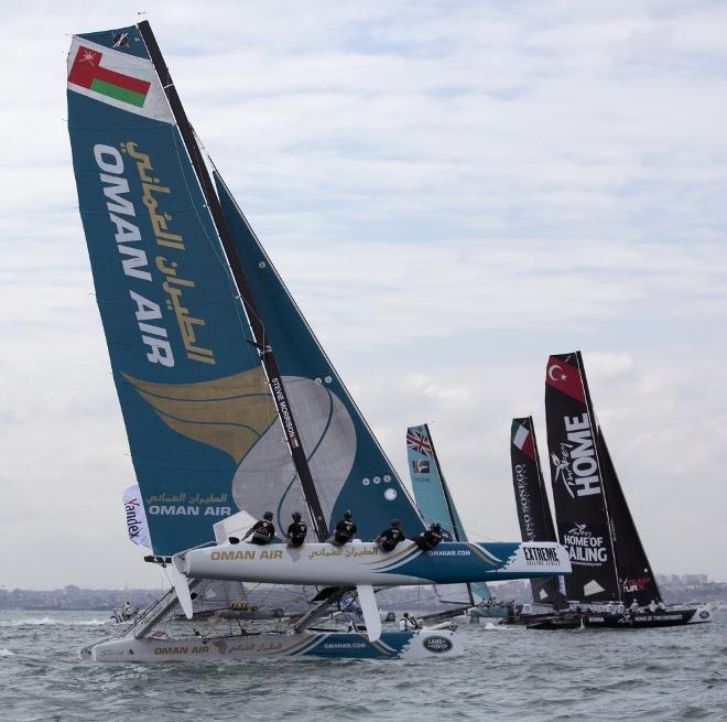 Oman Air Team skippered by Stevie Morrison (GBR) with crew Nic Asher (GBR), Ed Powys (GBR), Ted Hackney (AUS) and bowman Ali Al Balushi (OMA) - 2015 Extreme Sailing Series © Mark Lloyd http://www.lloyd-images.com