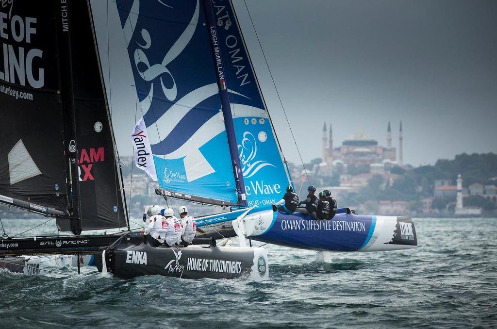 Extreme Sailing Series 2015 Act 7. Istanbul. Turkey. The Wave, Muscat/Al Mouj Muscat Team skippered by Leigh McMillan (GBR) with crew Sarah Ayton (GBR), Pete Greenhaigh (GBR), Ed Smyth (NZL/AUS) and bowman Nasser Al Mashari (OMA) © Lloyd Images/Extreme Sailing Series