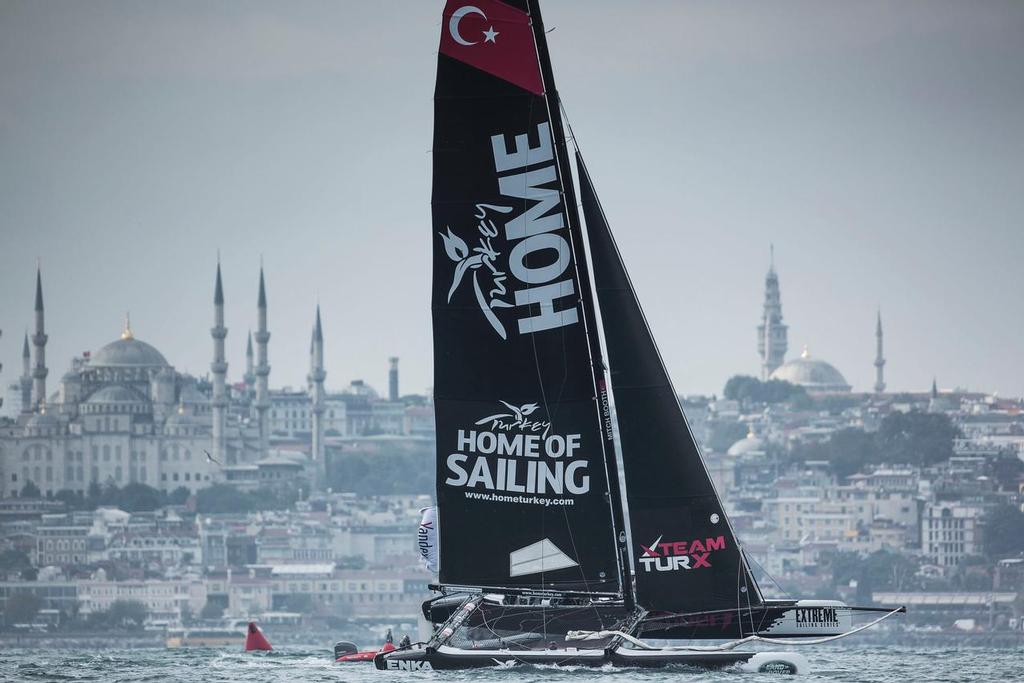 Image licensed to Lloyd Images 
The Extreme Sailing Series 2015 Act 7. Istanbul. Turkey. Team Turx & skippered by Edherm Divanna (TUR) & Mitch Booth (AUS) with crew Selim Divana (TUR), Diogo Cayalla (POR)  Stewart Dobson (GBR) and bowman Pedro Andrade (POR) photo copyright Lloyd Images/Extreme Sailing Series taken at  and featuring the  class