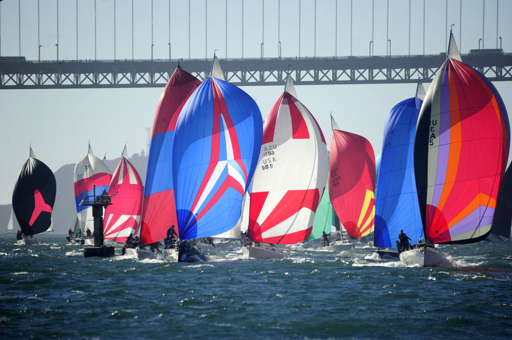 The standard ``afternoon light shining through the fleet's spinnakers`` shot that all SF Bay photographers are required to take in order to retain their credentials. photo copyright Chuck Lantz http://www.ChuckLantz.com taken at  and featuring the  class