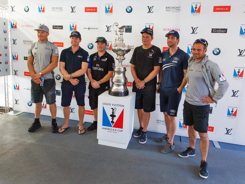 Louis Vuitton America's Cup World Series 2015. Skippers at the Press Conference, with the Auld Mug. © Guy Nowell