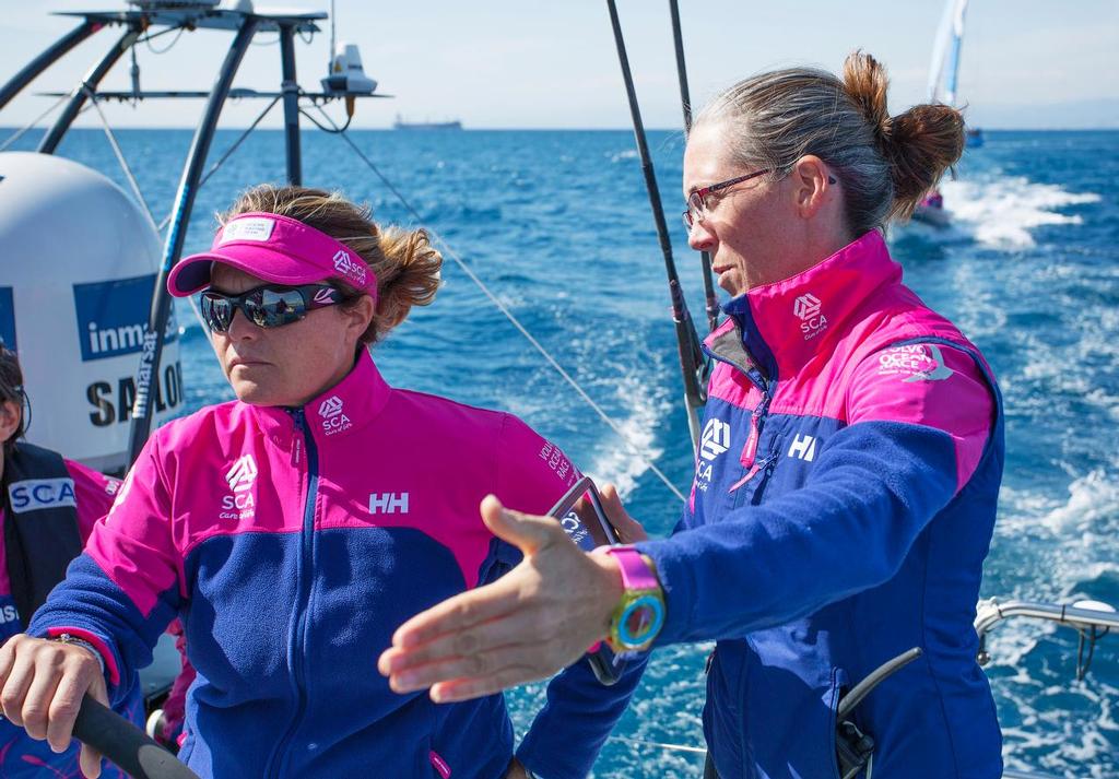 Sally Barkow and Libby Greenhalgh sort it out before the start. SCA at Genoa Boat Show 2015. © Guy Nowell