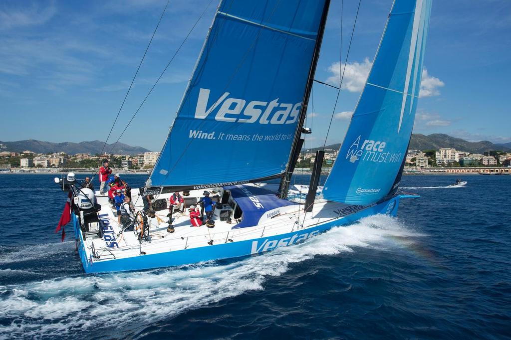 Enough breeze to be interesting, not enough to scare the guests... Team Vestas Wind at the Genoa Boat Show 2015 © Guy Nowell