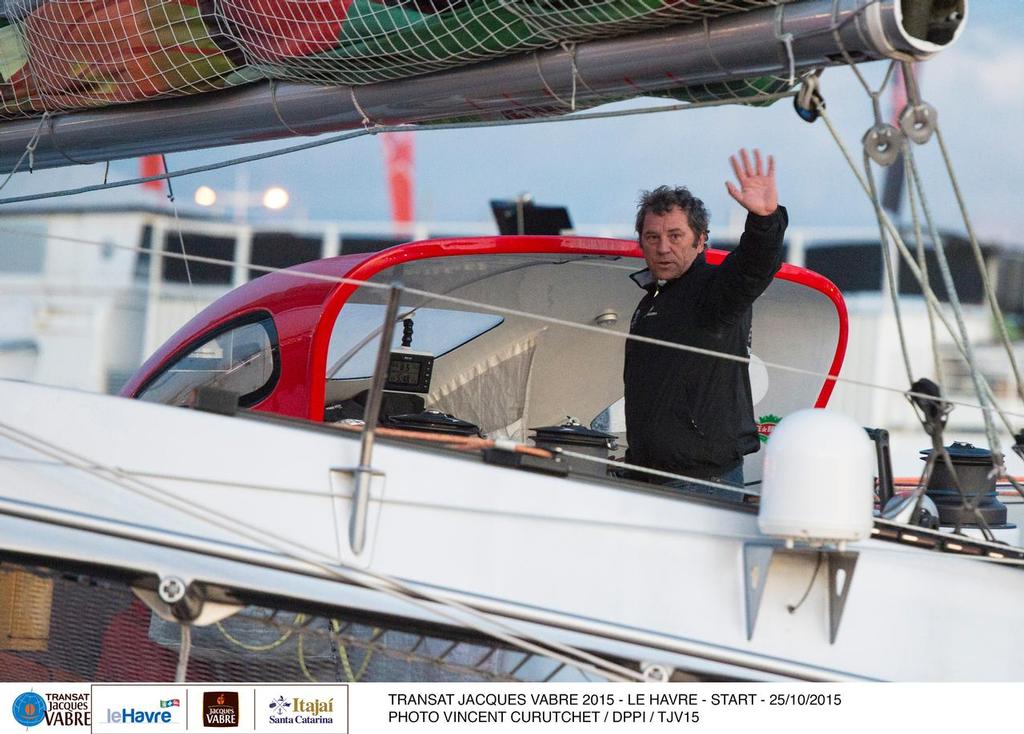 Ultime Prince de Bretagne, skippered by Lionel Lemonchois (FRA) and Roland Jourdain (FRA), leaving docks during the Transat Jacques Vabre start on october 25, 2015 in Le Havre, France - Photo Vincent Curutchet / DPPI photo copyright Transat Jacques Vabre taken at  and featuring the  class