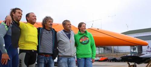 Fast company. A combined speed sailing record haul of 250+ knots. Ltor Pete Van Hoof, me, Erik Beale, Dave White, Zara Davis. © Paul Larsen