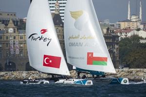 Oman Air Team skippered by Stevie Morrison (GBR) with crew Nic Asher (GBR), Ed Powys (GBR), Ted Hackney (AUS) and bowman Ali Al Balushi (OMA) and Team Turx and skippered by Edherm Divanna (TUR) and Mitch Booth (AUS) with crew Selim Divana (TUR), Diogo Cayalla (POR) Stewart Dobson (GBR) and bowman Pedro Andrade (POR) photo copyright Mark Lloyd http://www.lloyd-images.com taken at  and featuring the  class