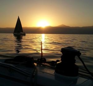 Sunrise over the mountains taken from on board Hans Kuijt's, Dehler 32,  Meerkat - 2015 Dubai to Muscat Yacht Race photo copyright Xtra-Link / Louay Habib taken at  and featuring the  class