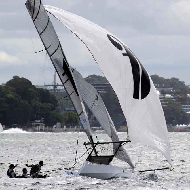 A sudden loss of wind tests the Thurlow Fisher Lawyers crew - 2015-2016 NSW 18ft Skiff Championship © Frank Quealey