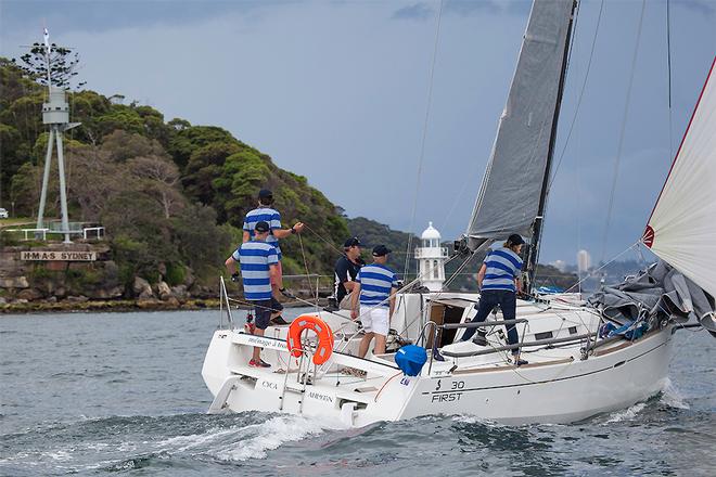 ménage à trios were the first to get their kite flying to barge out the Harbour in Race One. - 2015 Beneteau Cup ©  John Curnow