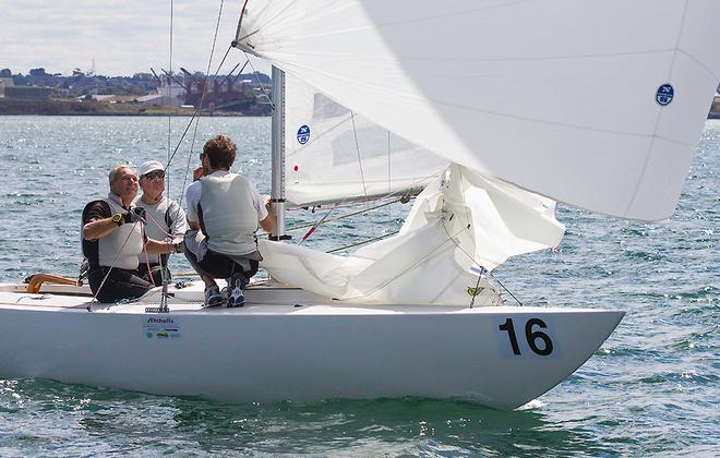 JB helming, Billy on the spinnaker sheet and Jake Newman calling the breeze in as Triad heads downwind. - 2016 Etchells Australian Championship ©  John Curnow
