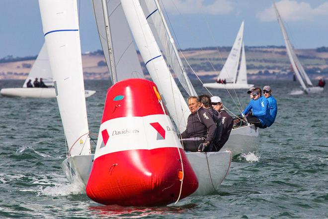 Billy Browne is the first person to round the top mark, with Fifteen+ in behind. - 2016 Etchells Australian Championship ©  John Curnow