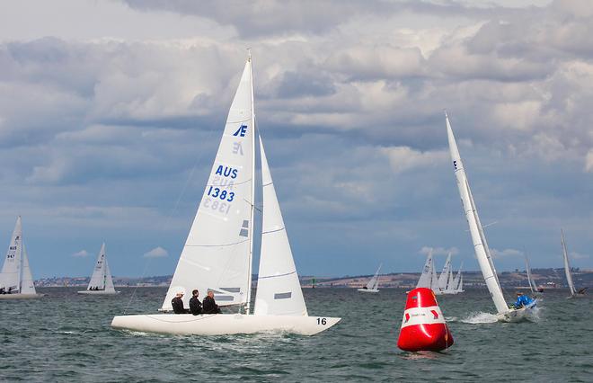 Bathed in sunlight, Triad takes the fleet into the weather mark during the sensational 2015 Vic State Champs at RGYC. - 2016 Etchells Australian Championship ©  John Curnow
