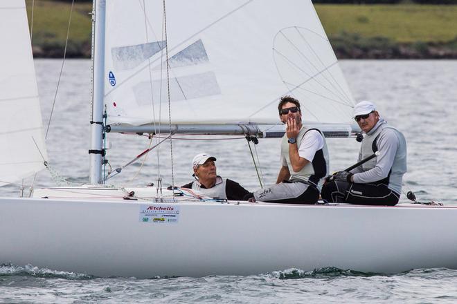 Billy Browne, Jake Newman and John Bertrand have time to contemplate proceedings after being black-flagged for a race. - 2016 Etchells Australian Championship ©  John Curnow