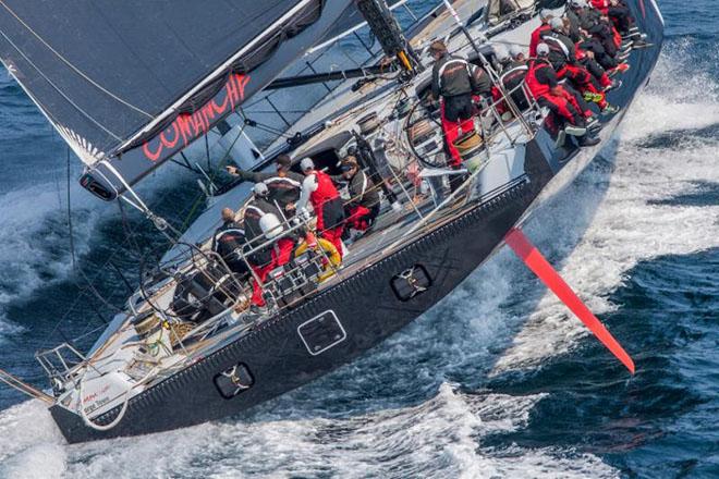 The extreme beam of Comanche gives additional righting moment, but adds wetted surface to make the skimmer type very sticky in light winds ©  Rolex/Daniel Forster http://www.regattanews.com
