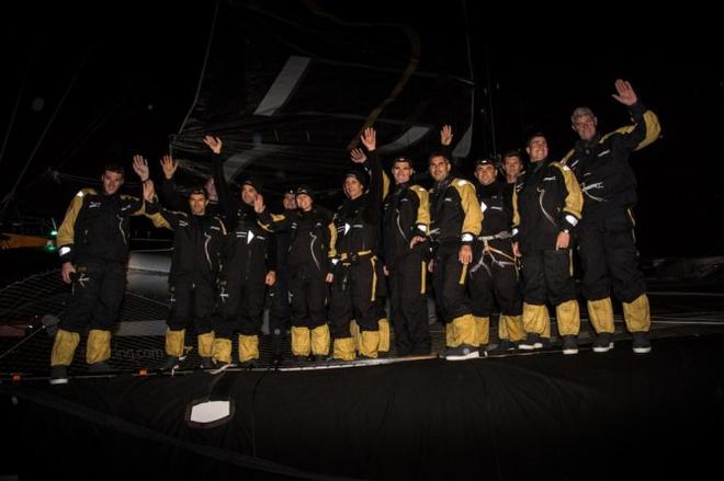 Skippers Yann Guichard (FRA) and Dona Bertarelli (SUI) and crew - 2015 Jules Verne Trophy ©  Eloi Stichelbaut/Spindrift Racing http://www.spindrift-racing.com/