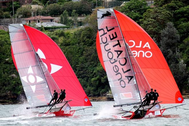 Tight racing under spinnakers by Alcatel One Touch and Noakesailing - 2015-2016 NSW 18ft Skiff Championship © Frank Quealey