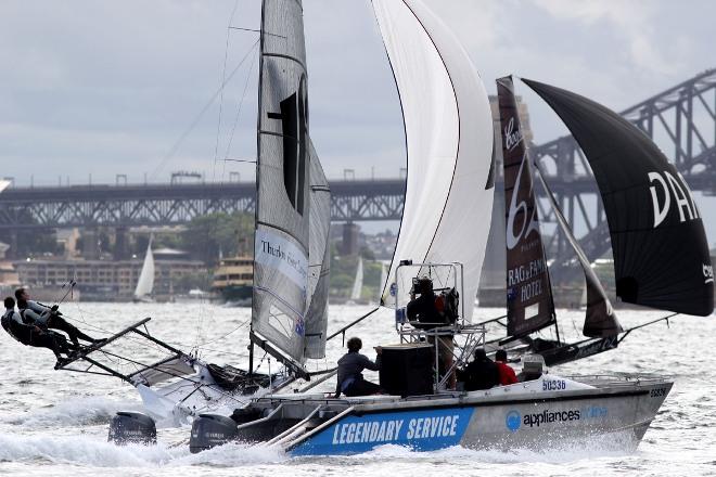 Video team right on the spot for some close action - 2015-2016 NSW 18ft Skiff Championship © Frank Quealey