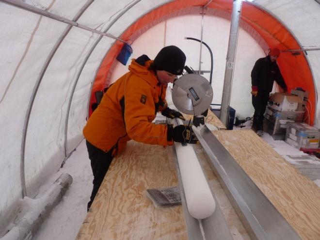 Dr Liz Thomas measuring an ice core in Antarctica © British Antarctic Survey http://www.antarctica.ac.uk