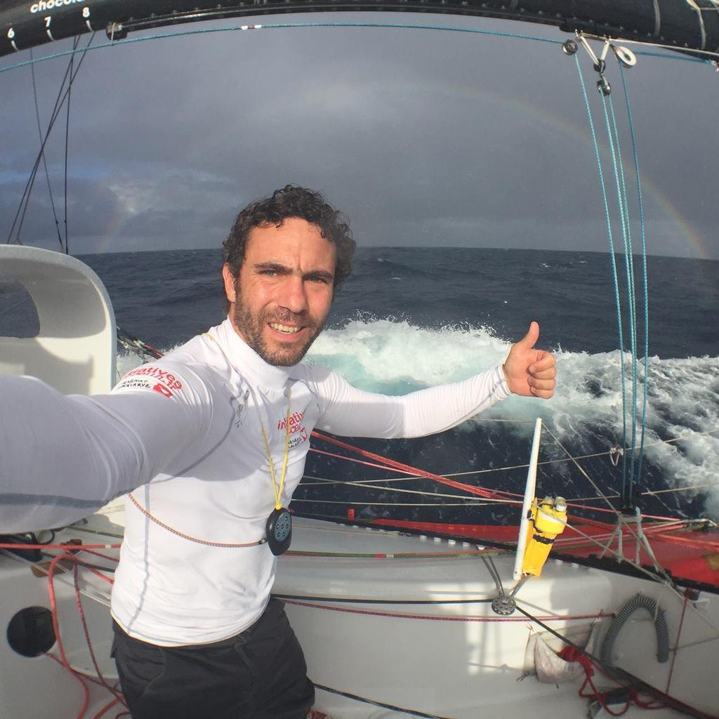 Tanguy de Lamotte takes a selfie with the rainbow - 2015 Transat Jacques Vabre - Day 12 photo copyright Transat Jacques Vabre taken at  and featuring the  class
