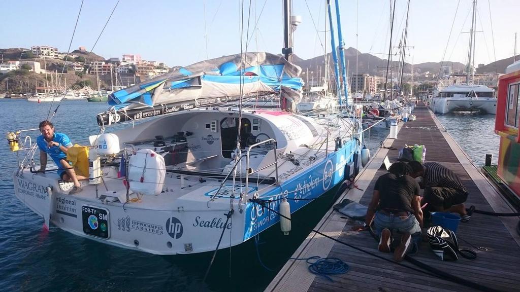 Le Class40 Solidaires en Peloton Arsep earrived earlier this morning at Cap Vert to repair their rudder fitting - 2015 Transat Jacques Vabre - Day 12 photo copyright Transat Jacques Vabre taken at  and featuring the  class