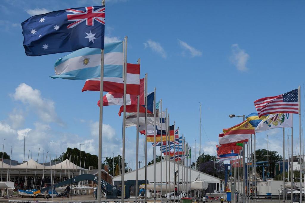 Bernie_Kaaks_Flags of 31 participating nations, with the measurement marquee in the background. photo copyright Bernie Kaaks taken at  and featuring the  class
