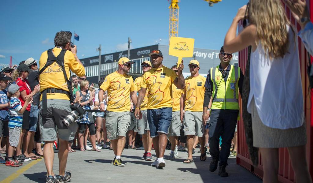 Rugby player Jonah Lomu leads the Abu Dhabi Ocean Racing sailors parade in the Volvo Ocean Race Village before the New Zealand Herald In-Port Race. © Victor Fraile/Volvo Ocean Race http://www.volcooceanrace.com