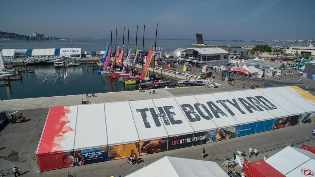 The Boatyard common race boat support facilityJune 7, 2015.Volvo Ocean Race Village in Lisbon from the air. photo copyright Ricardo Pinto / Volvo Ocean Race taken at  and featuring the  class
