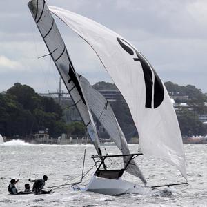 A sudden loss of wind tests the Thurlow Fisher Lawyers crew - 2015-2016 NSW 18ft Skiff Championship photo copyright Frank Quealey taken at  and featuring the  class