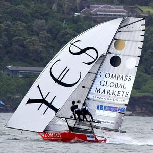 Compassmarkets.com on the spinnaker run across the harbour from Rose Bay - 2015-2016 NSW 18ft Skiff Championship photo copyright Frank Quealey taken at  and featuring the  class