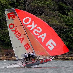 Marcus Ashley-Jones and his team drive Asko Appliances hard on the tight run to Obelisk - 2015-2016 NSW 18ft Skiff Championship photo copyright Frank Quealey taken at  and featuring the  class