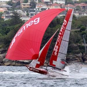 The Smeg team chase the leaders down the run towards the Sydney Heads - 2015-2016 NSW 18ft Skiff Championship photo copyright Frank Quealey taken at  and featuring the  class