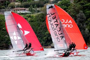 Tight racing under spinnakers by Alcatel One Touch and Noakesailing - 2015-2016 NSW 18ft Skiff Championship photo copyright Frank Quealey taken at  and featuring the  class