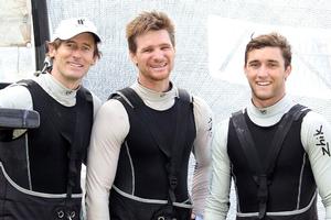 NSW champions for 2015-2016 (left to right) Michael Coxon, Trent Barnabas, Dave O'Connor - 2015 NSW 18ft Skiff Championship photo copyright Frank Quealey /Australian 18 Footers League http://www.18footers.com.au taken at  and featuring the  class