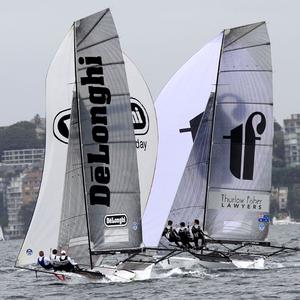 Thurlow Fisher Lawyers and De'Longhi race for fourth place on the spinnaker run - 2015 NSW 18ft Skiff Championship photo copyright Frank Quealey /Australian 18 Footers League http://www.18footers.com.au taken at  and featuring the  class
