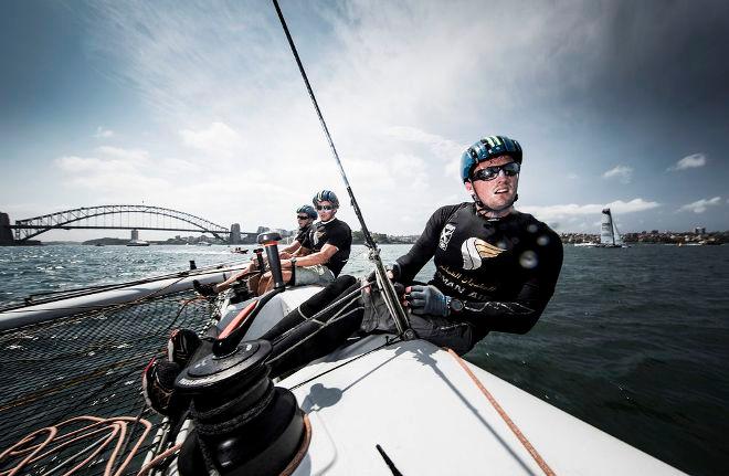 Onboard Oman Air on the opening day of racing on Sydney Harbour - 2015 Extreme Sailing Series © Lloyd Images