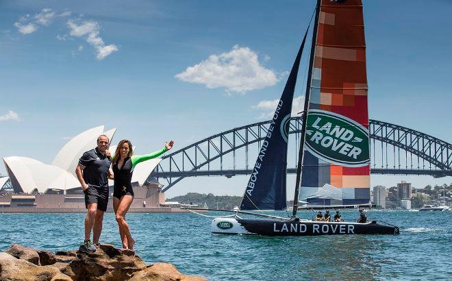 Land Rover Australia ambassadors Sally Fitzgibbons and Phil Waugh prepare to put their sailing skills to the test at the final Act in Sydney - 2015 Extreme Sailing Series © Lloyd Images