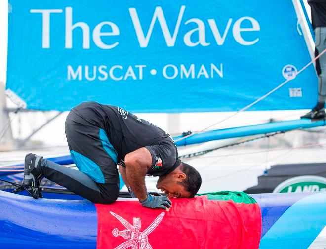 The Wave, Muscat's Omani bowman Nasser Al Mashari shows just how much being crowned 2015 Series champion means - 2015 Extreme Sailing Series © Lloyd Images