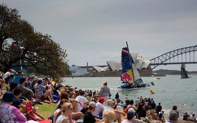 Red Bull Sailing Team fly past the crowds that gathered around the waterfront on the final day in Sydney - 2015 Extreme Sailing Series © Lloyd Images