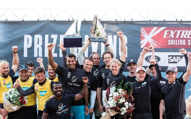 The 2015 Extreme Sailing Series podium - The Wave, Muscat (OMA), SAP Extreme Sailing Team (DEN) and Red Bull Sailing Team (AUT) - 2015 Extreme Sailing Series © Lloyd Images