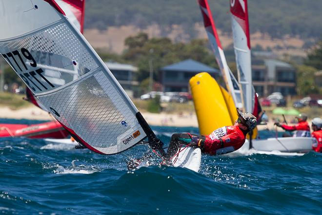 Billy Gargett (U13) from NSW hiking very hard on his boat Chilly Willy. - 2015 Bic O'pen World Cup ©  Alex McKinnon Photography http://www.alexmckinnonphotography.com