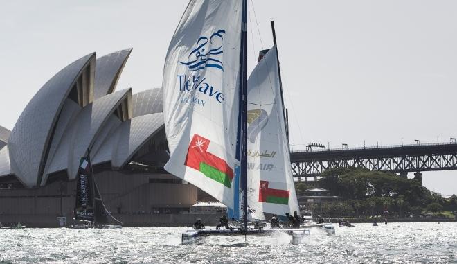 Act 8. Sydney - Day two of racing in Sydney Harbour close to the shore. The Wave, Muscat skippered by Leigh McMillan (GBR) with team mates Pete Greenhalgh (GBR), Nasser Al Mashari (OMA), Sarah Ayton (GBR) , Ed Smyth (NZL/AUS) - 2015 Extreme Sailing Series © Lloyd Images