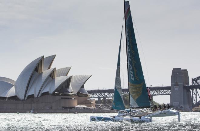 Act 8. Sydney - Day two of racing in Sydney Harbour close to the shore. Oman Air skippered by Stevie Morrison (GBR) with team mates Ali Al Balushi (OMA), Ted Hackney (AUS),Ed Powys (GBR), Nic Asher (GBR) - 2015 Extreme Sailing Series © Lloyd Images
