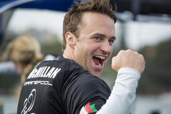 The Wave Muscat skipper Leigh McMillan (GBR) celebrates winning the 2015 series today in Sydney Harbour - 2015 Extreme Sailing Series © Lloyd Images
