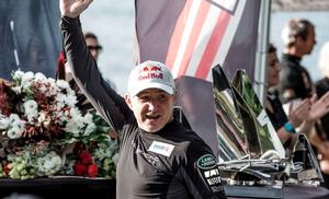 Red Bull Sailing Team's skipper Roman Hagara celebrates leading his team to third place in 2015 and in Sydney - 2015 Extreme Sailing Series photo copyright Lloyd Images taken at  and featuring the  class