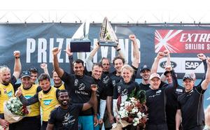 The 2015 Extreme Sailing Series podium - The Wave, Muscat (OMA), SAP Extreme Sailing Team (DEN) and Red Bull Sailing Team (AUT) - 2015 Extreme Sailing Series photo copyright Lloyd Images taken at  and featuring the  class