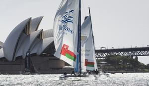 Act 8. Sydney - Day two of racing in Sydney Harbour close to the shore. The Wave, Muscat skippered by Leigh McMillan (GBR) with team mates Pete Greenhalgh (GBR), Nasser Al Mashari (OMA), Sarah Ayton (GBR) , Ed Smyth (NZL/AUS) - 2015 Extreme Sailing Series photo copyright Lloyd Images taken at  and featuring the  class